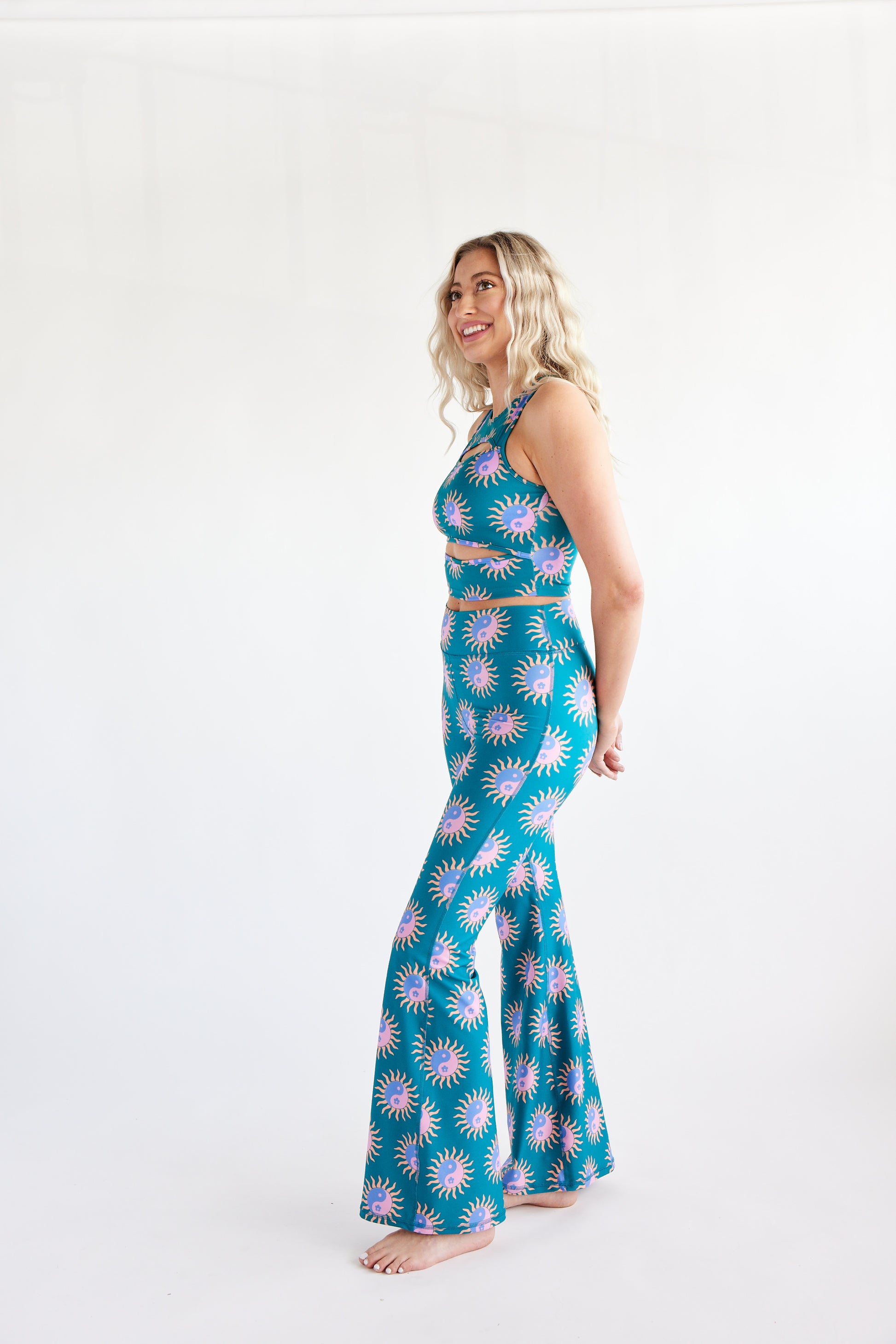 recycled polyester, women's yoga flare pants, spandex, teal, yin yang print