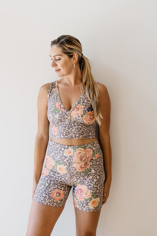 women's high waisted biker shorts, 82% recycled polyester, 18% spandex, floral print activewear