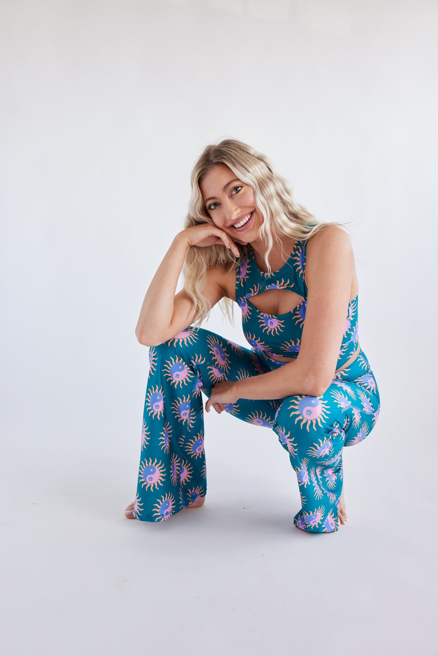 recycled polyester, women's yoga flare pants, spandex, teal, yin yang print, festival clothing
