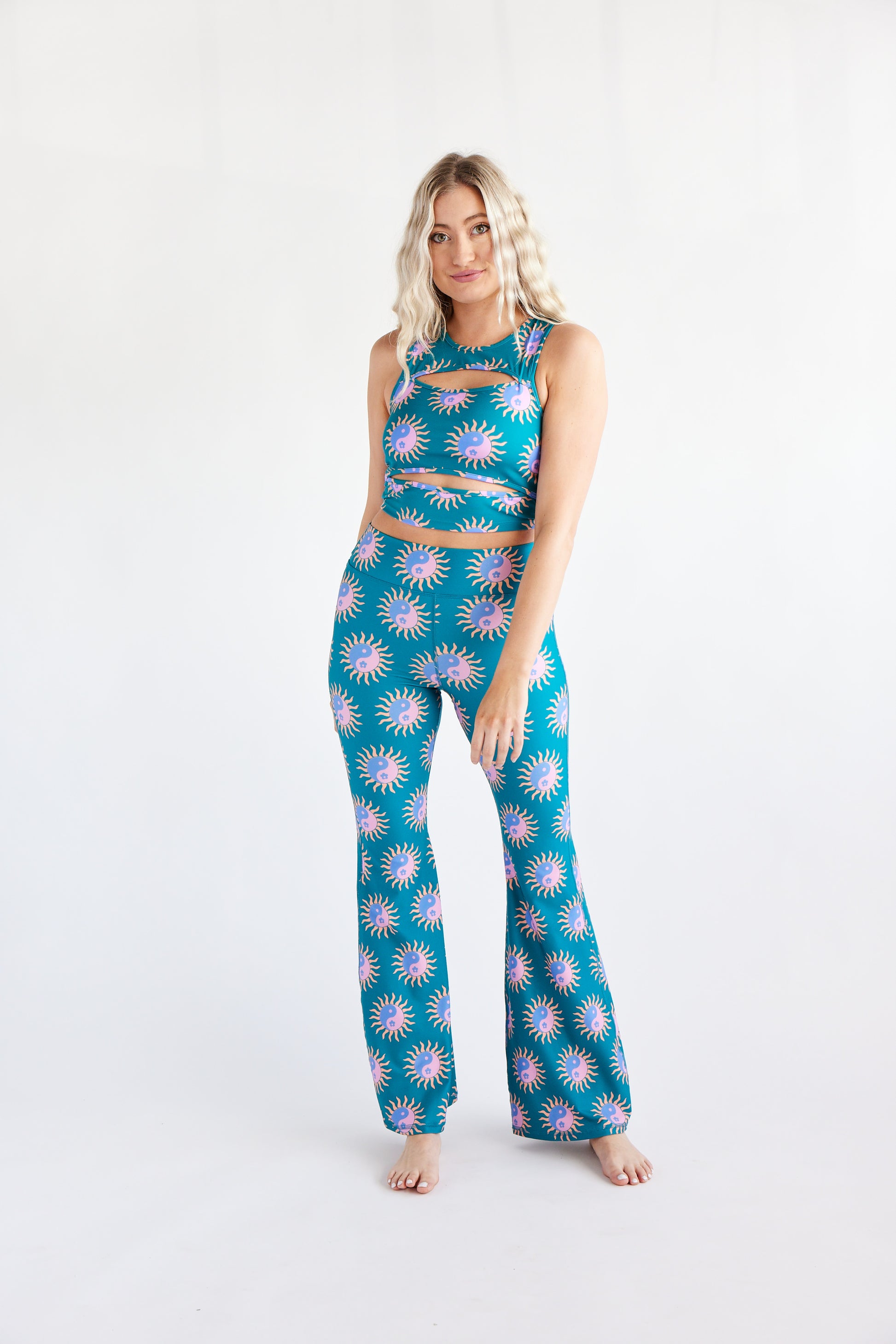 recycled polyester, women's yoga flare pants, spandex, teal, yin yang print