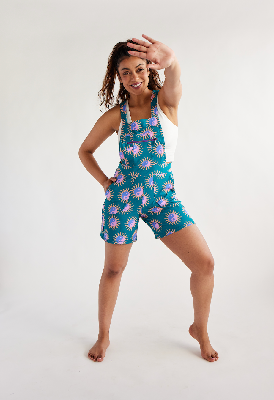 Overall Shorts Romper - Tropical Yin Yang