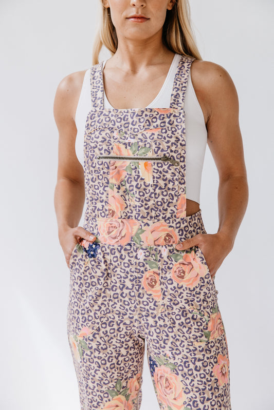 women's overalls, jumpsuit, eco-friendly polyester, spandex, wild rose, front zipper pocket